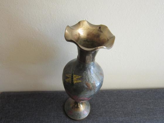 Alte Vase - Messing und Emaille-Malerei - Höhe: 25,5cm - 50er/60er Jahre Cloisonnestil